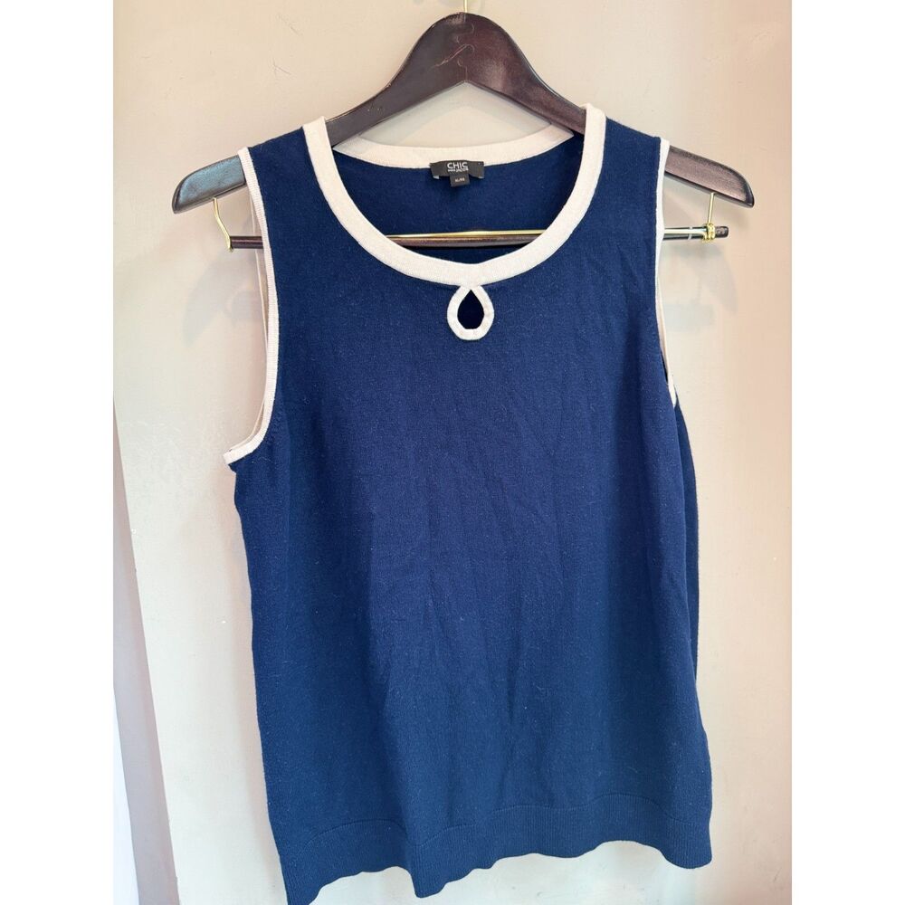 Chic by Jacob XL Navy Blue Tank Top White Trim Keyhole Sleeveless Viscose